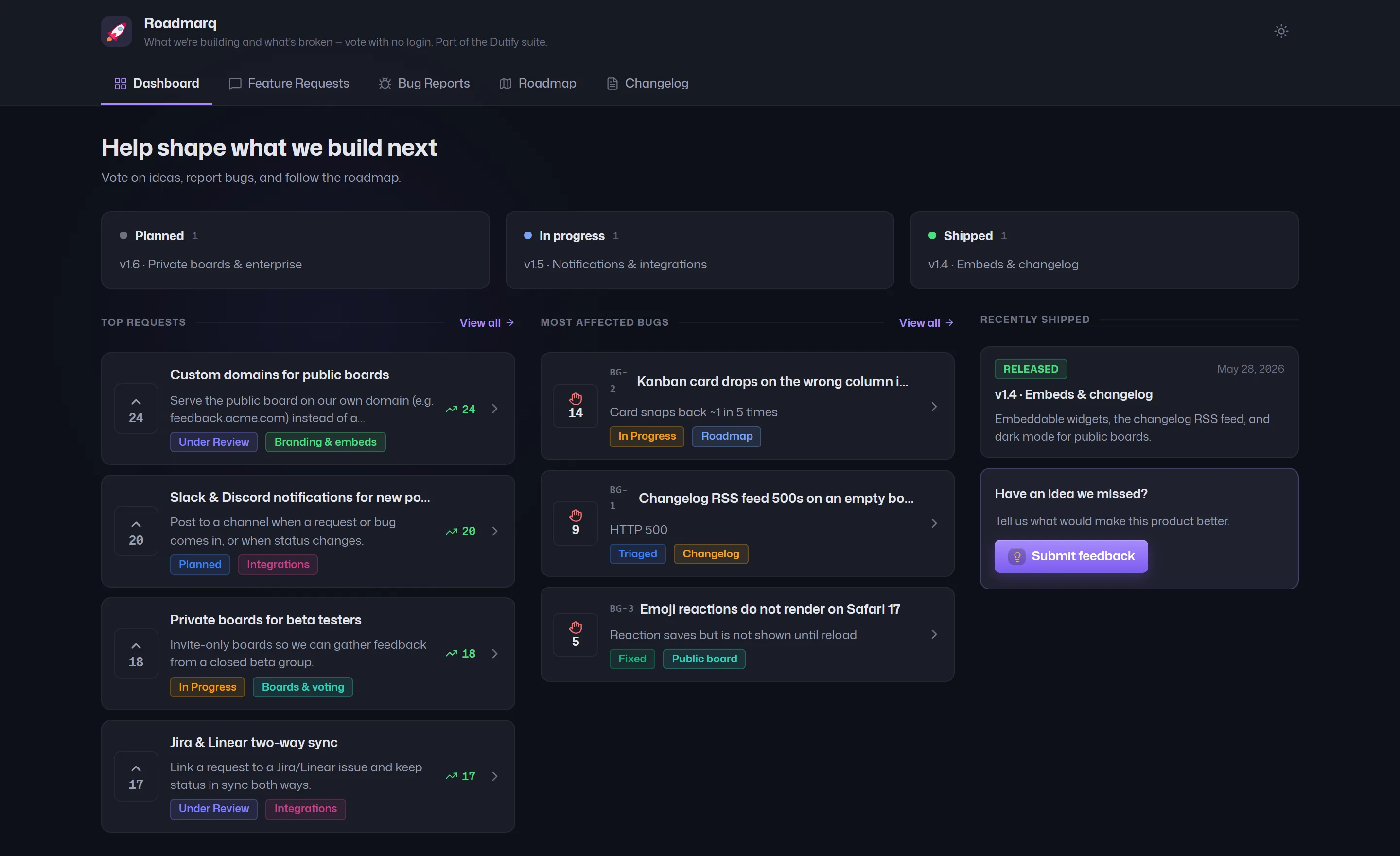 A Roadmarq public board dashboard