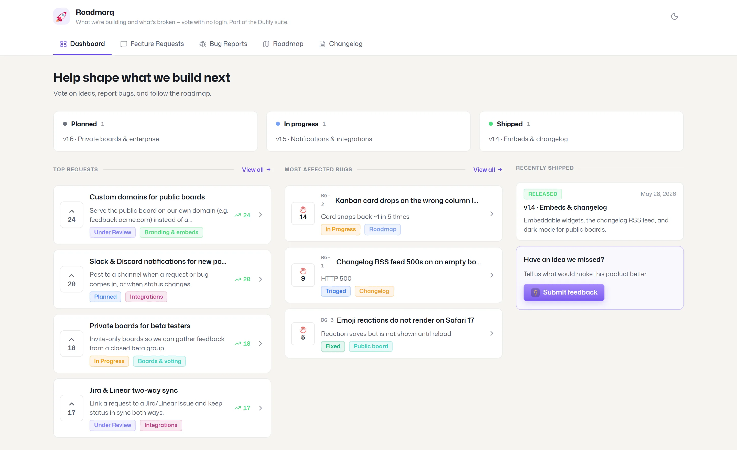 A Roadmarq public board dashboard