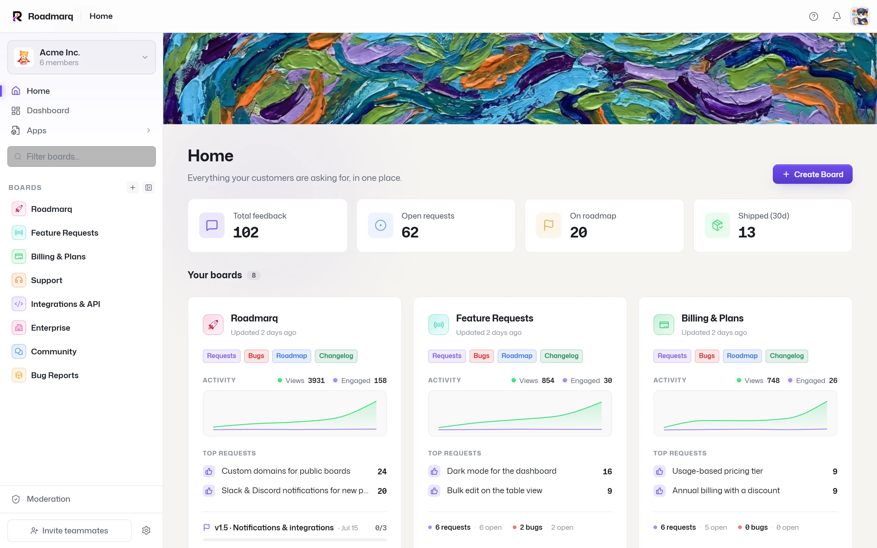 Roadmarq - your workspace home: boards, activity and roadmap